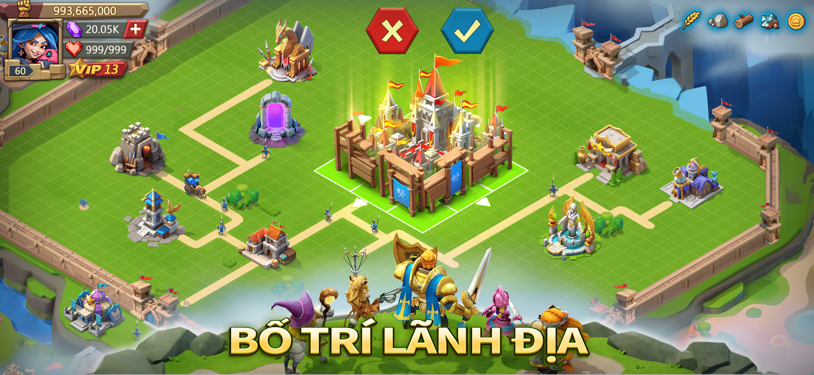 Lâu đài mái đỏ nằm giữa các công trình trên lưới bố trí lãnh địa, bên dưới có chữ Bố trí lãnh địa.